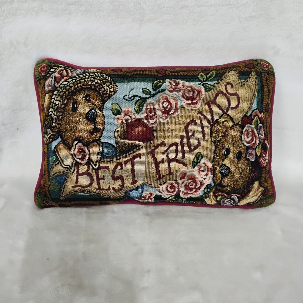Boyds Bears & Friends Best Friends Tapestry Throw Pillow Teddy Bear Rose 12x7